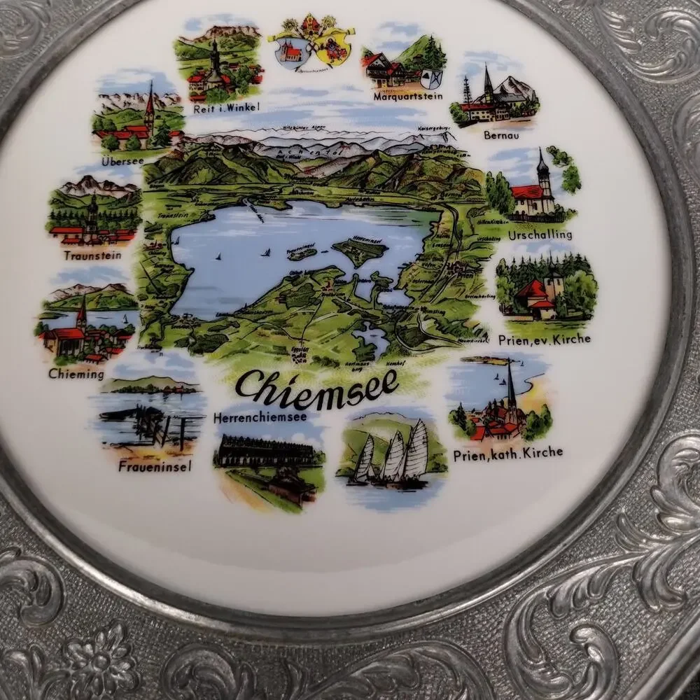 Vintage Chiemsee Germany Souvenir Plate Octagonal Pewter Porcelain Bavarian